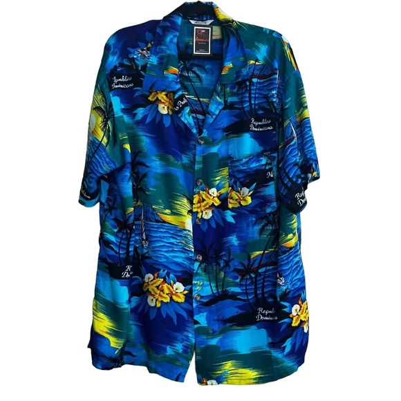 Blue Hawaiian Print Cotton‎ Button Down Short Sleeve  Shirt Men's XXXL NWT - Picture 1 of 6